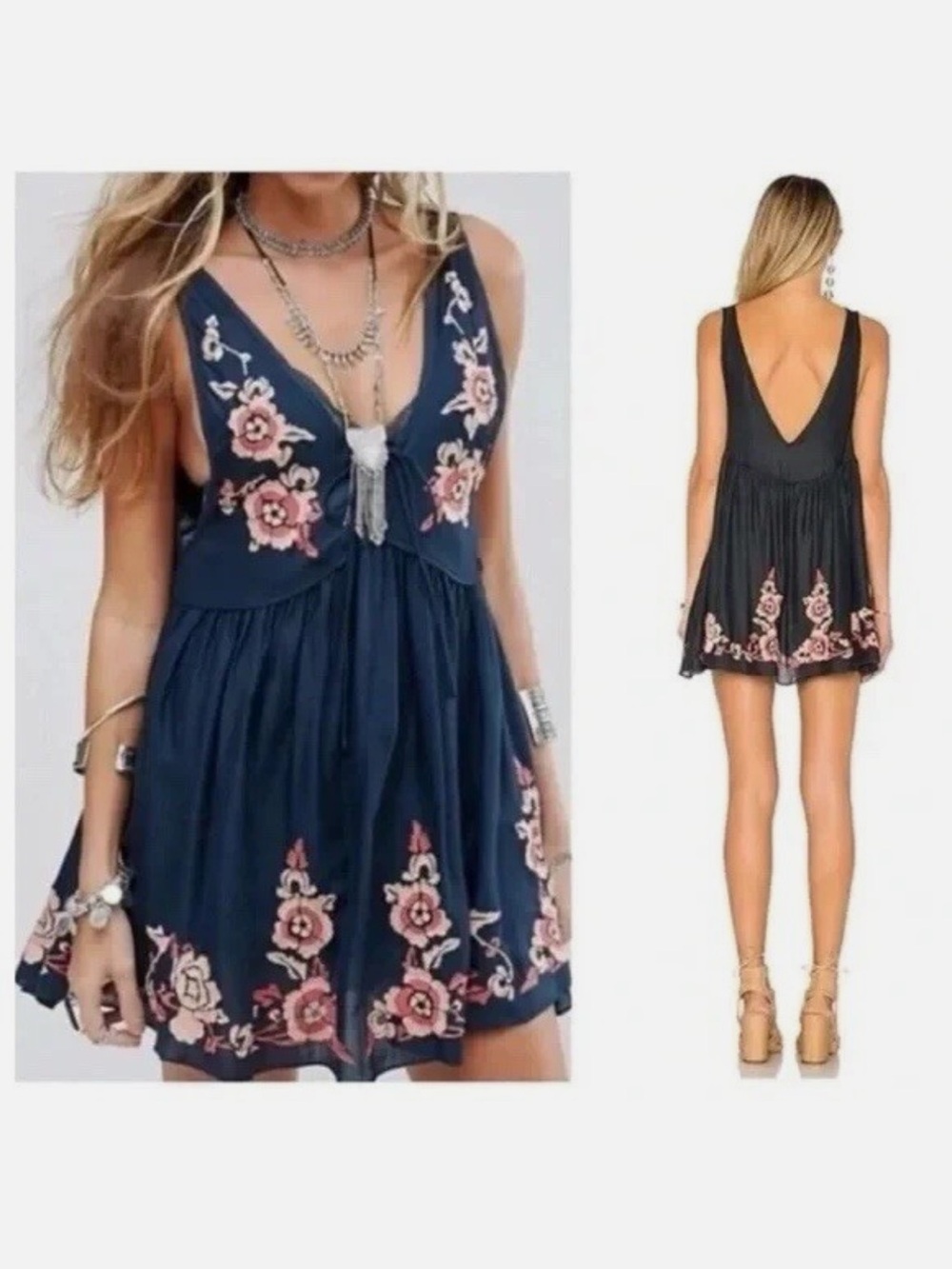 Free People Aida Slip Dress Short Tunic Sz Small Navy Embroidered Floral *flaws